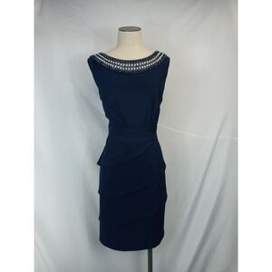 Covington Cocktail Dress 12 Navy Blue Beaded Pearl Neck Tiered Formal Sheath